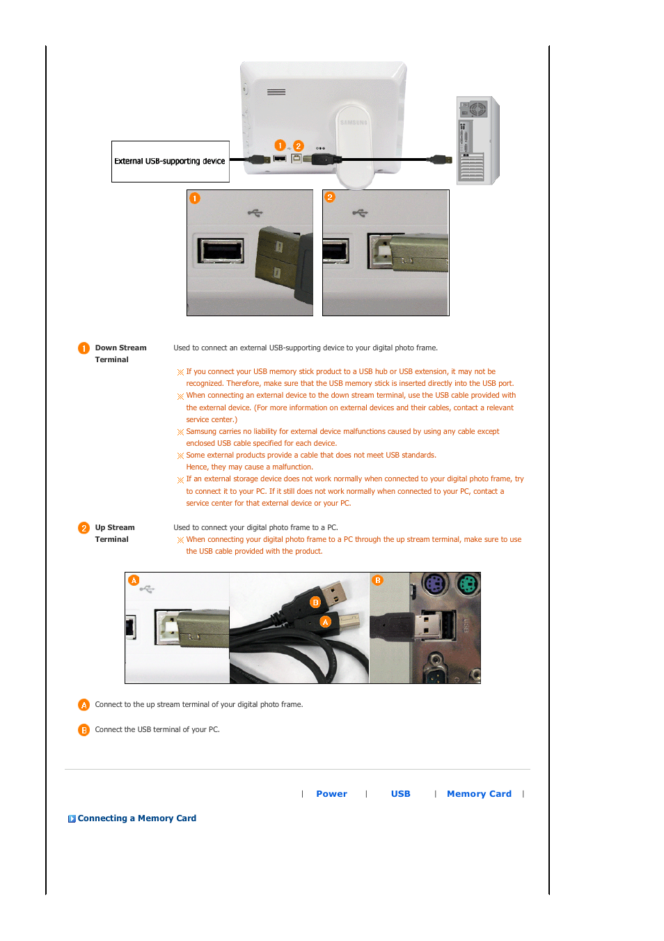 Connecting via usb | Samsung SPF-72H User Manual | Page 12 / 24