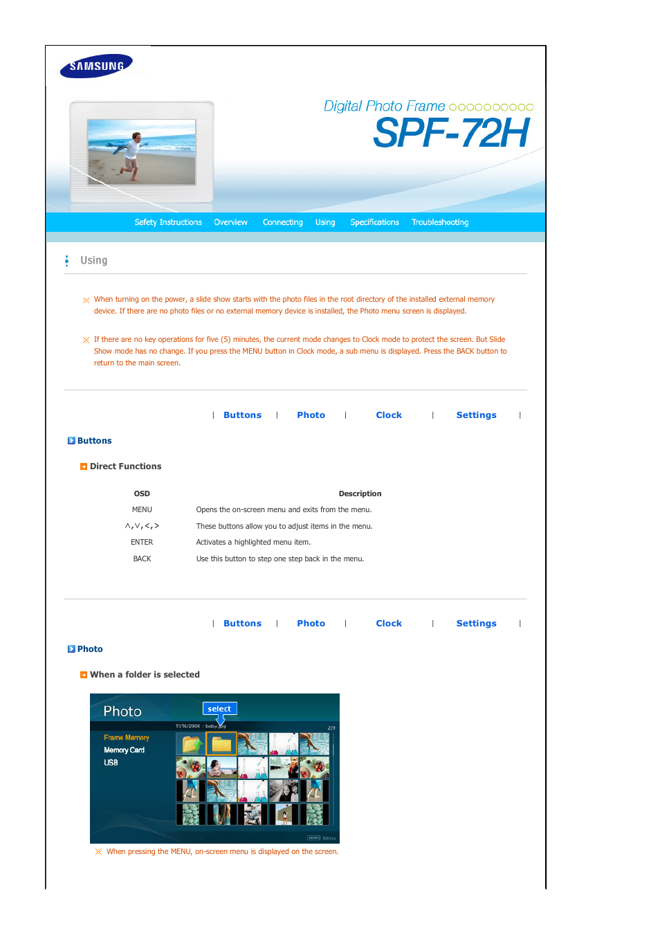Using, Buttons, Photo | Samsung SPF-72H User Manual | Page 14 / 24