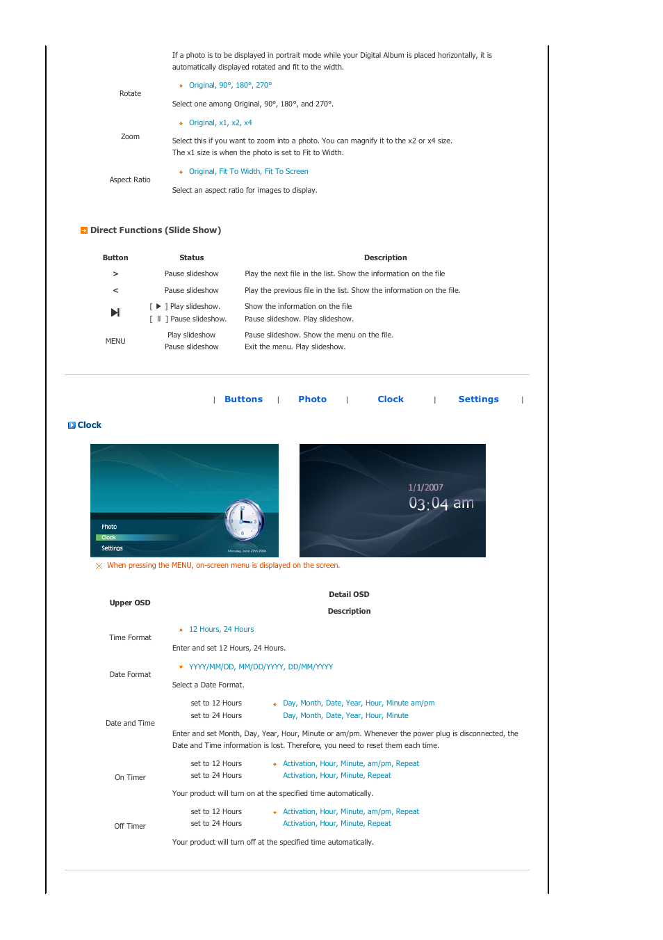 Clock | Samsung SPF-72H User Manual | Page 16 / 24