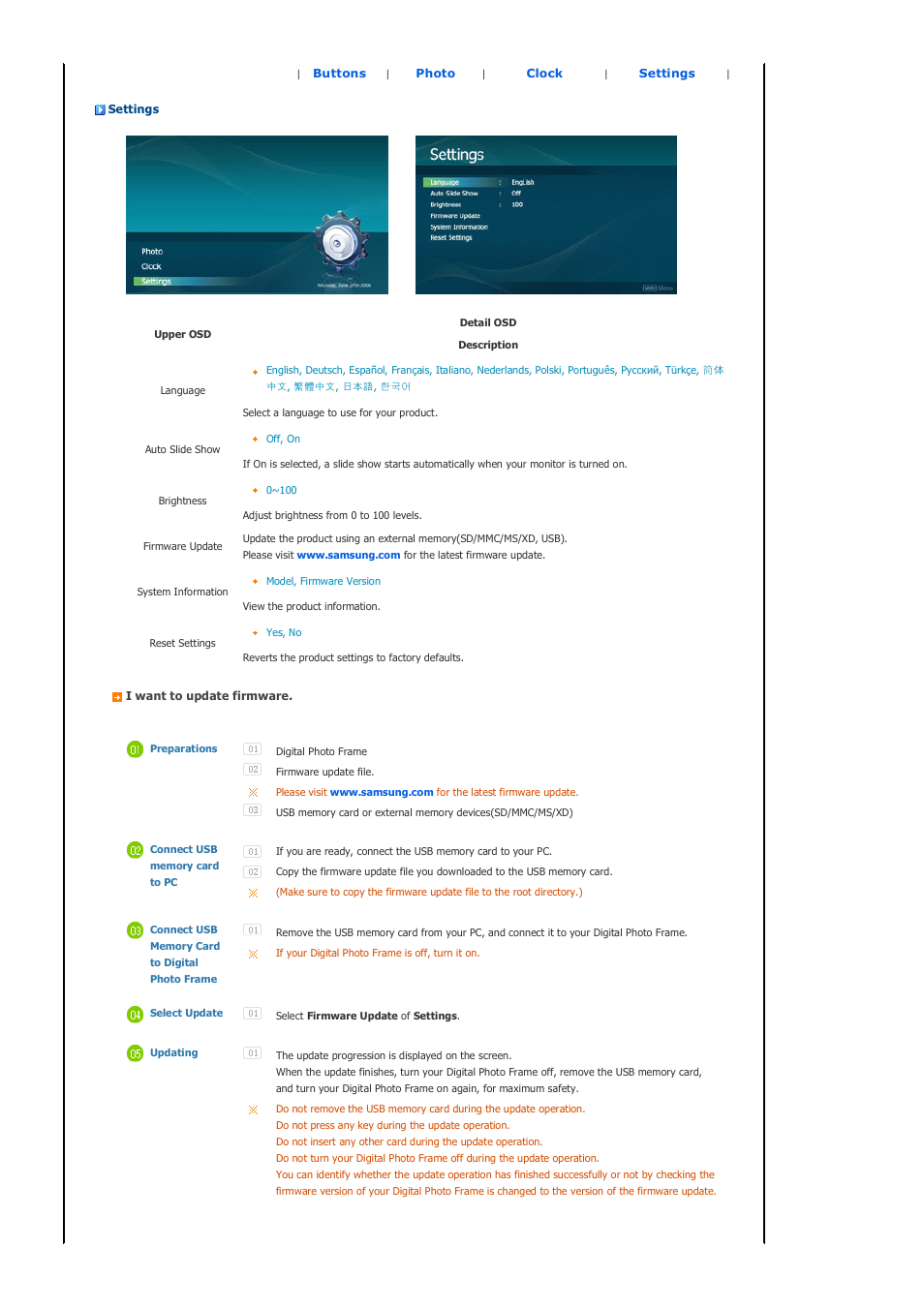Settings | Samsung SPF-72H User Manual | Page 17 / 24