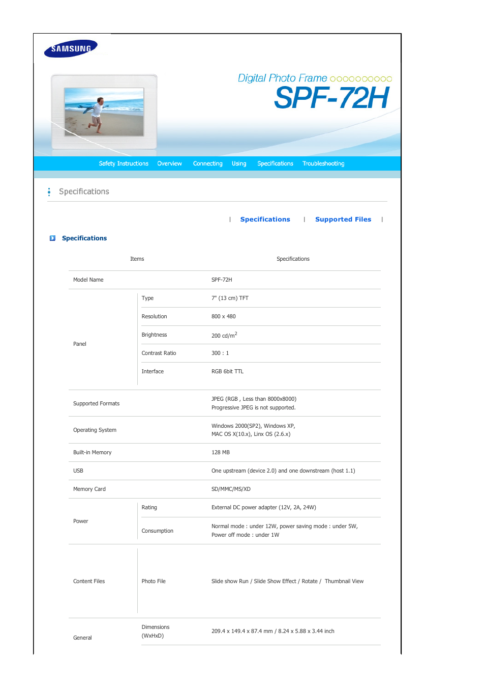 Specifications | Samsung SPF-72H User Manual | Page 19 / 24