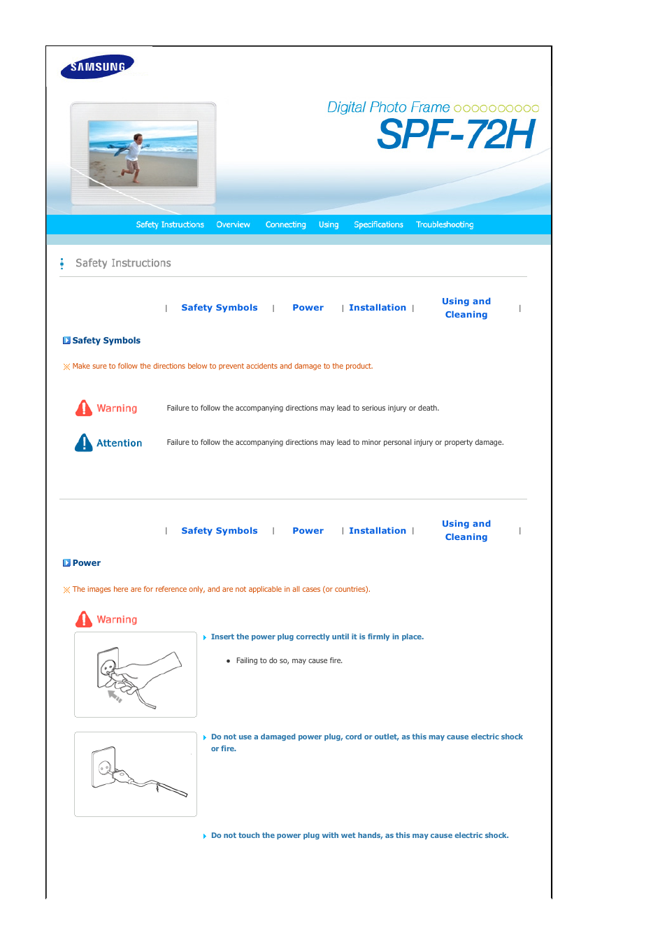 Safety instructions, Safety symbols, Power | Samsung SPF-72H User Manual | Page 2 / 24
