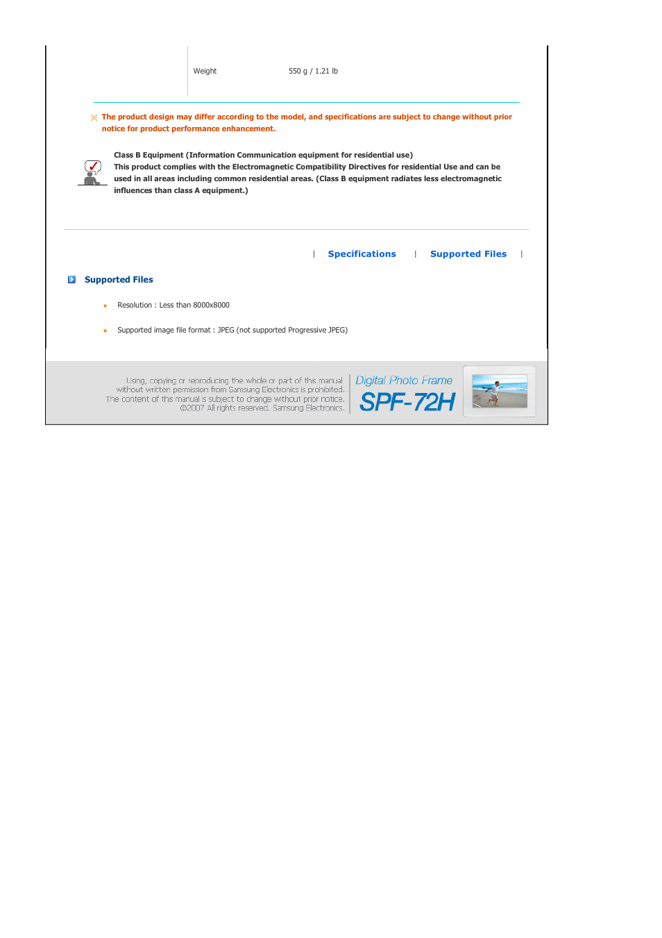 Supported files | Samsung SPF-72H User Manual | Page 20 / 24