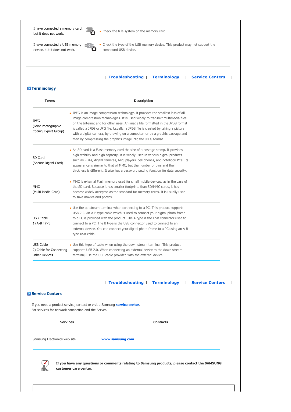 Terminology, Service centers | Samsung SPF-72H User Manual | Page 22 / 24