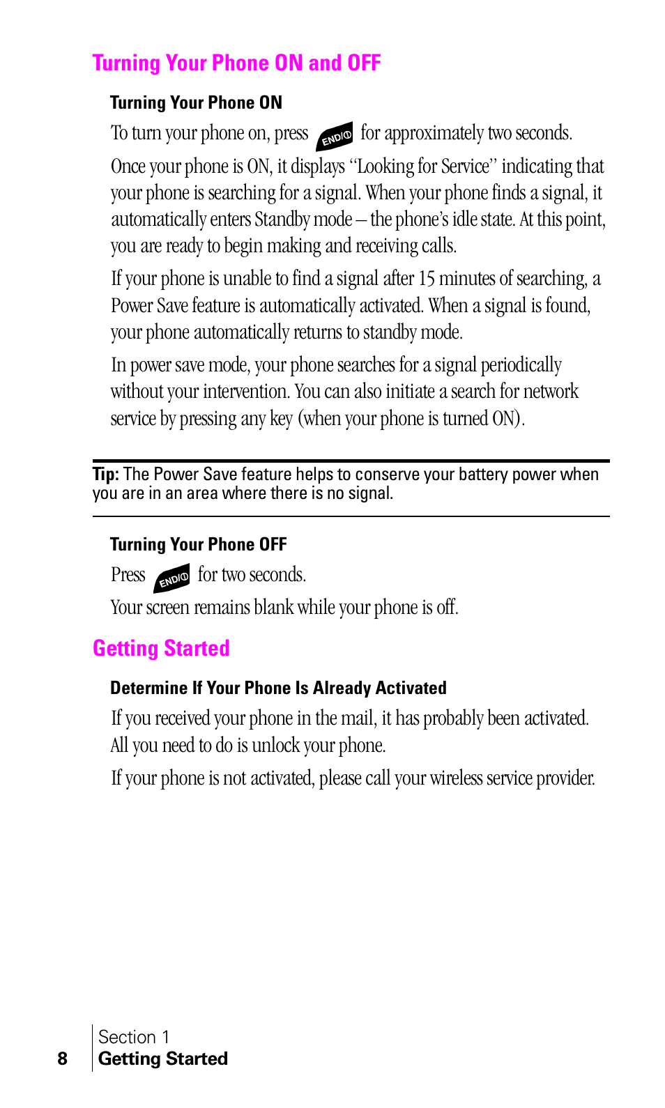 Turning your phone on and off, Turning your phone on, Turning your phone off | Getting started, Determine if your phone is already activated | Samsung A460 User Manual | Page 10 / 129