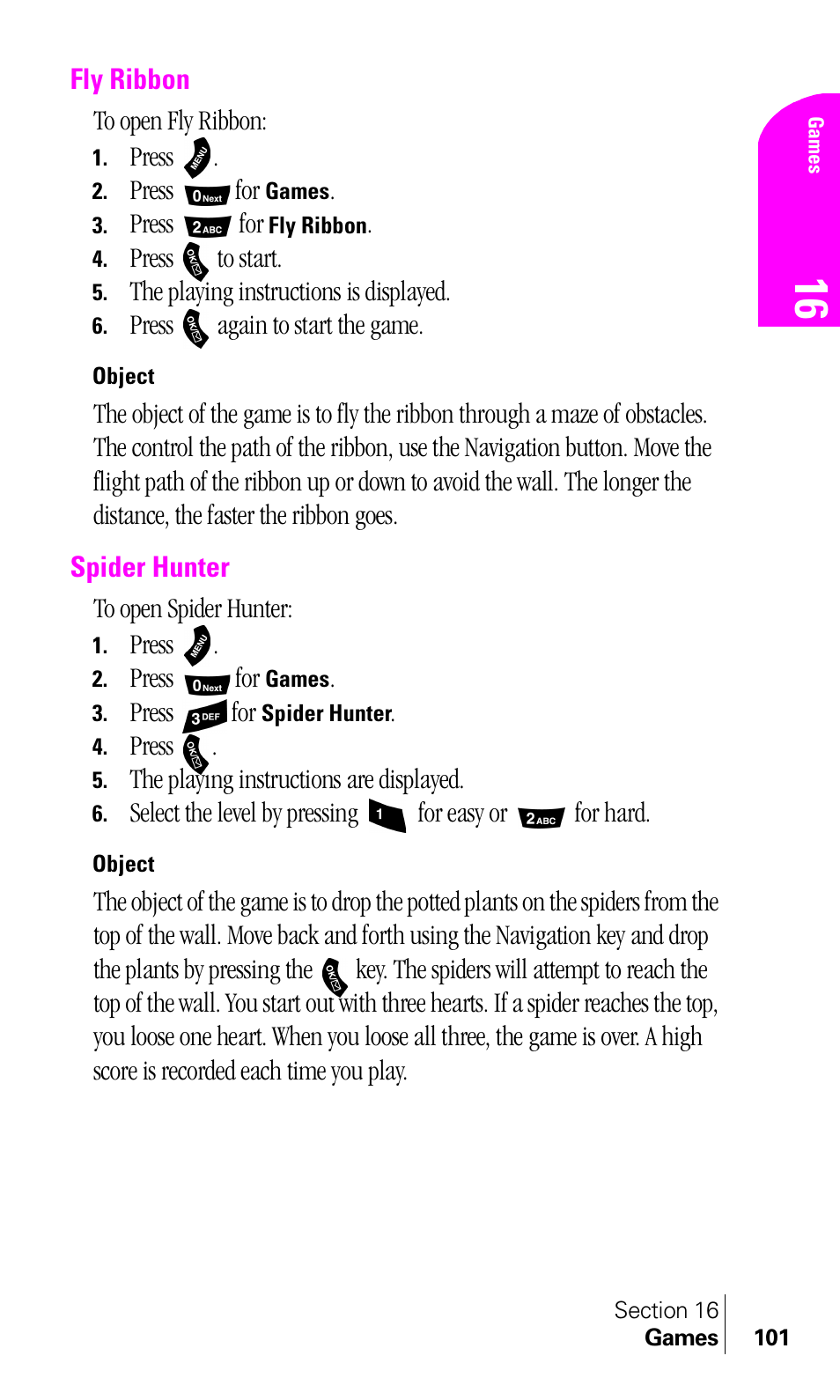 Fly ribbon, Object, Spider hunter | Samsung A460 User Manual | Page 103 / 129