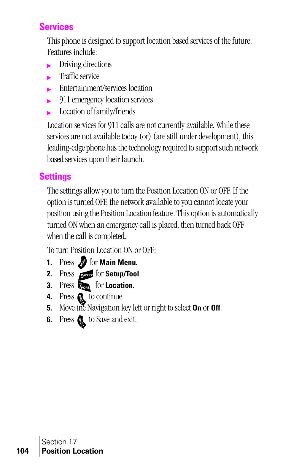 Services, Settings, Driving directions | Traffic service, Entertainment/services location, 911 emergency location services, Press for, Press to continue, Move the navigation key left or right to select, Press to save and exit | Samsung A460 User Manual | Page 106 / 129