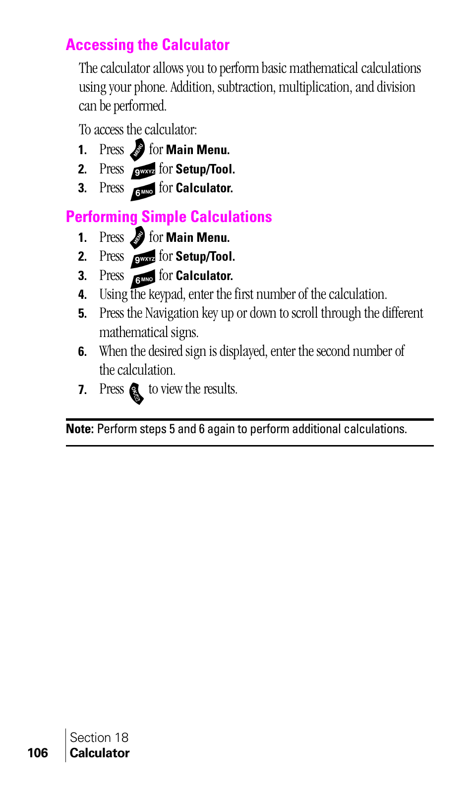 Accessing the calculator, Performing simple calculations | Samsung A460 User Manual | Page 108 / 129