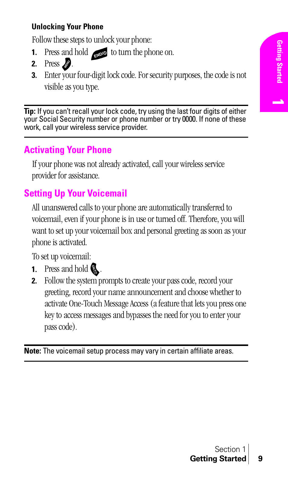 Unlocking your phone, Activating your phone, Setting up your voicemail | Samsung A460 User Manual | Page 11 / 129