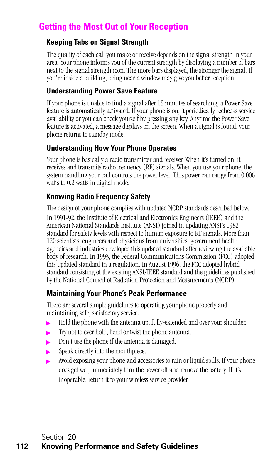 Getting the most out of your reception, Keeping tabs on signal strength, Understanding power save feature | Understanding how your phone operates, Knowing radio frequency safety, Maintaining your phone’s peak performance | Samsung A460 User Manual | Page 114 / 129
