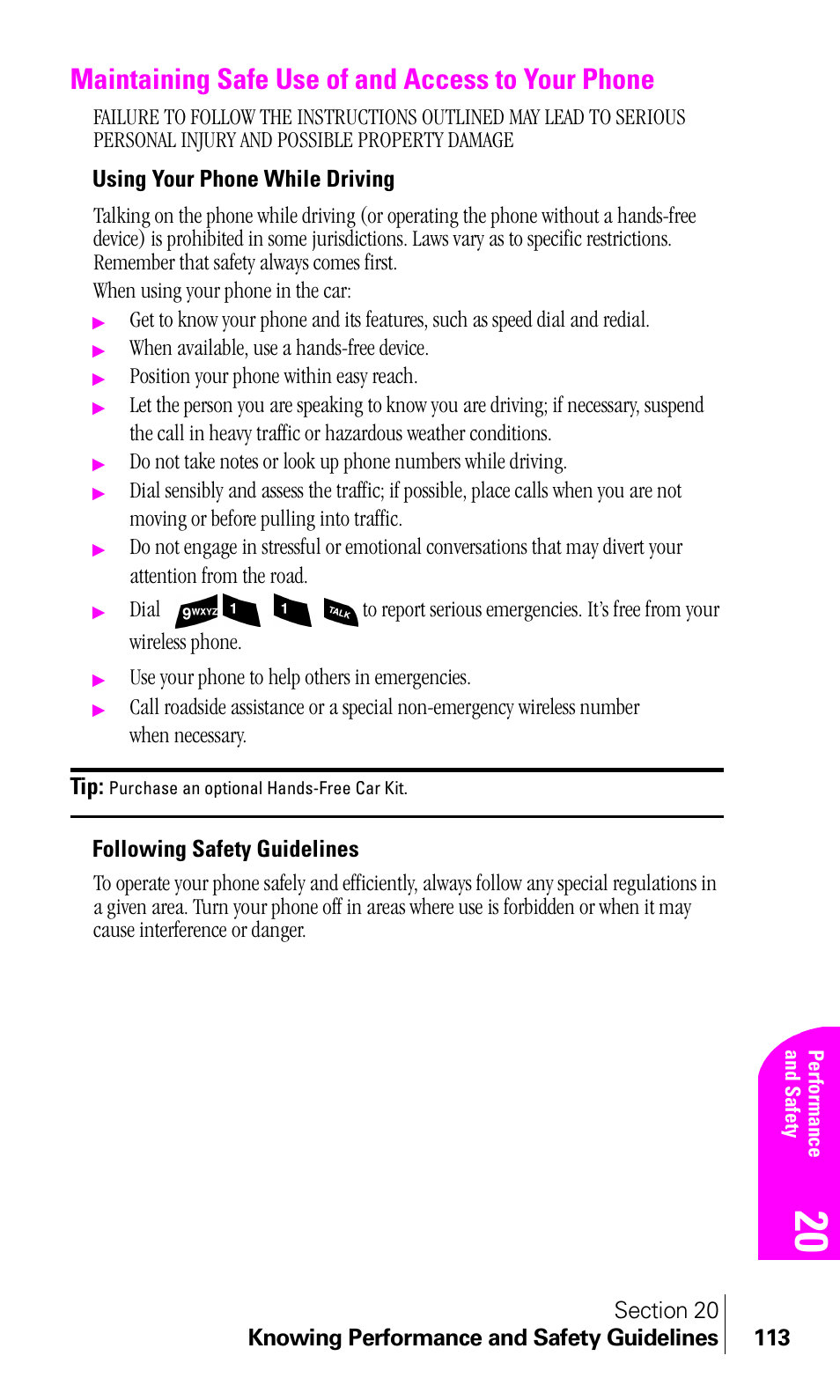 Maintaining safe use of and access to your phone, Using your phone while driving, Following safety guidelines | Samsung A460 User Manual | Page 115 / 129