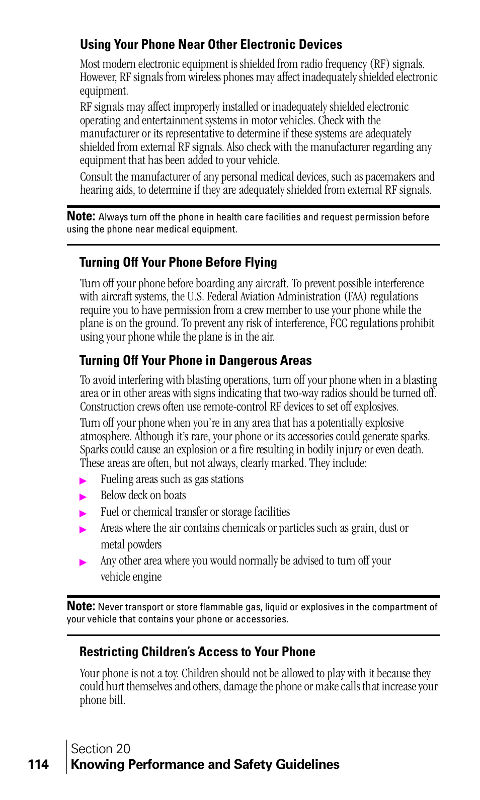 Turning off your phone before flying, Turning off your phone in dangerous areas, Restricting children’s access to your phone | Samsung A460 User Manual | Page 116 / 129