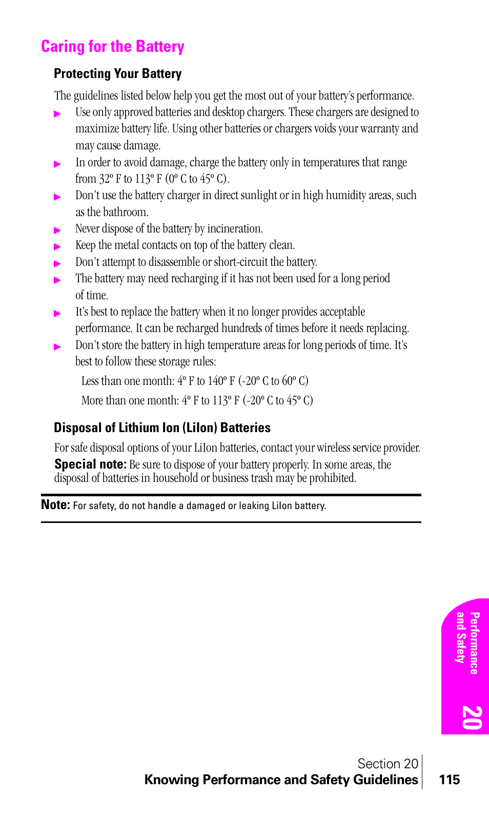 Caring for the battery, Protecting your battery, Disposal of lithium ion (liion) batteries | Samsung A460 User Manual | Page 117 / 129