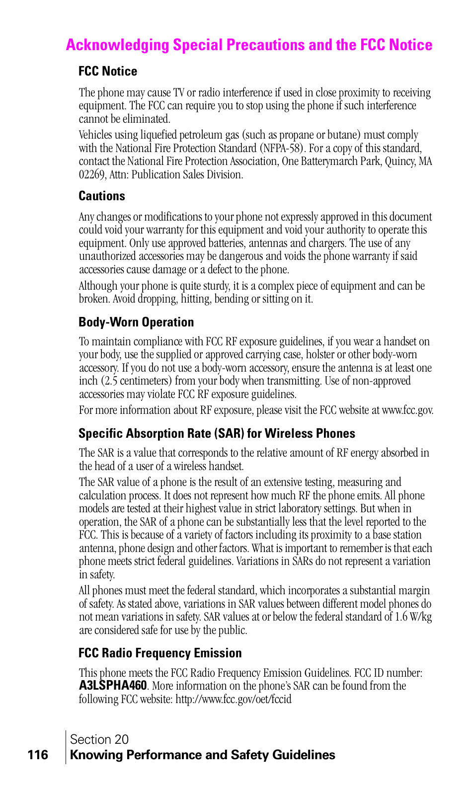 Fcc notice, Cautions, Body-worn operation | Specific absorption rate (sar) for wireless phones, Fcc radio frequency emission | Samsung A460 User Manual | Page 118 / 129