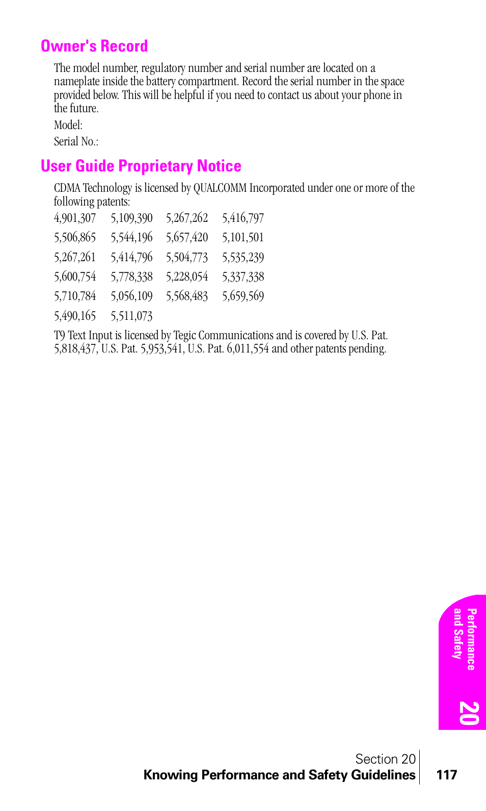 Owner's record, User guide proprietary notice | Samsung A460 User Manual | Page 119 / 129