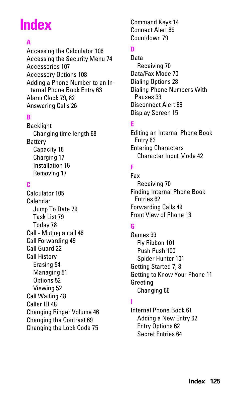Index | Samsung A460 User Manual | Page 127 / 129
