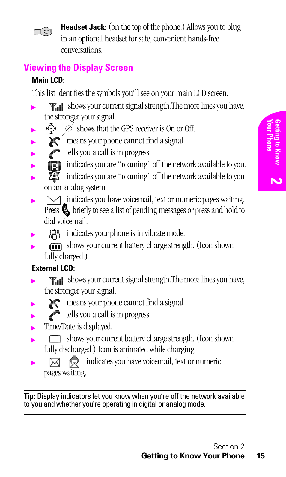 Viewing the display screen, Shows that the gps receiver is on or off, Means your phone cannot find a signal | Tells you a call is in progress, Indicates your phone is in vibrate mode, Time/date is displayed | Samsung A460 User Manual | Page 17 / 129