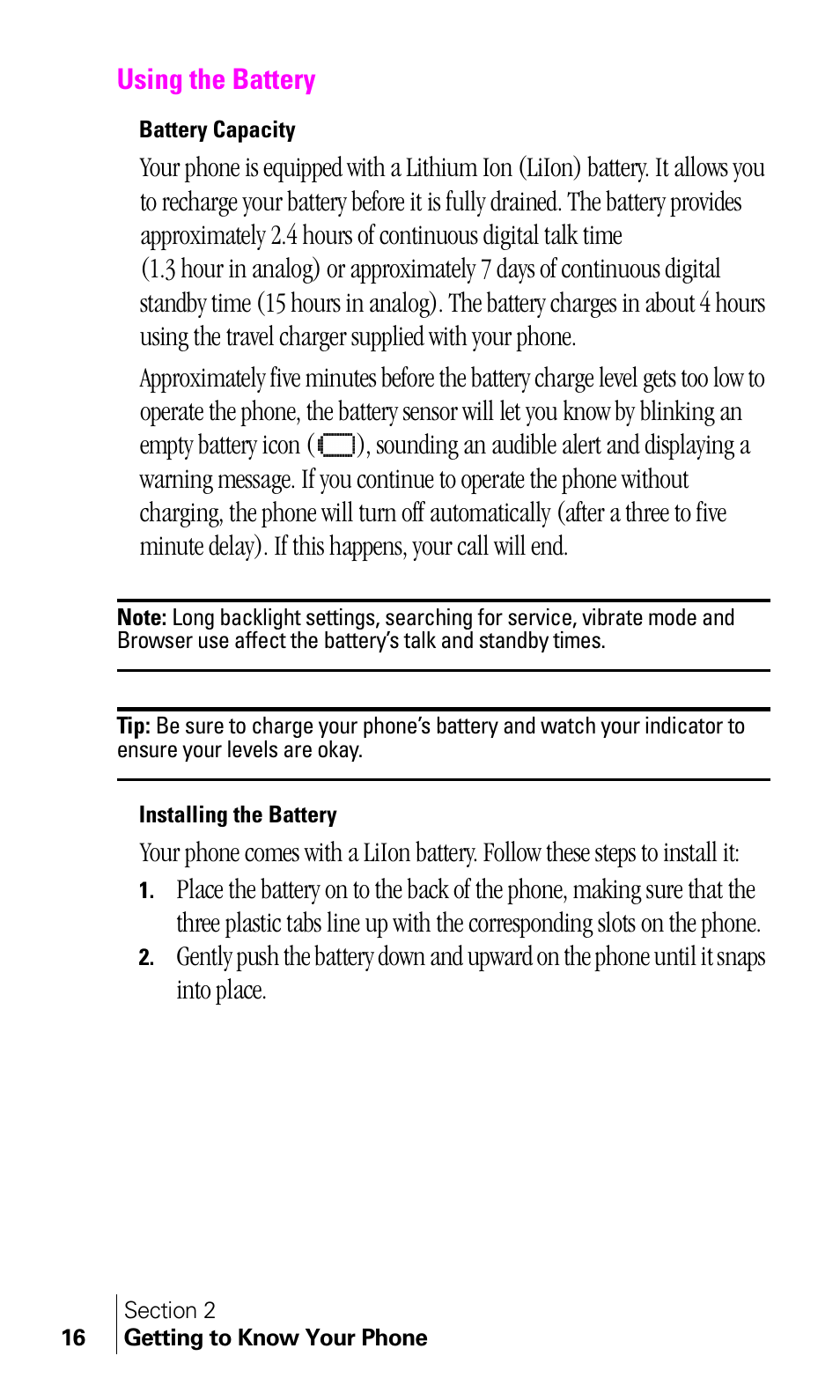 Using the battery, Battery capacity, Installing the battery | Samsung A460 User Manual | Page 18 / 129
