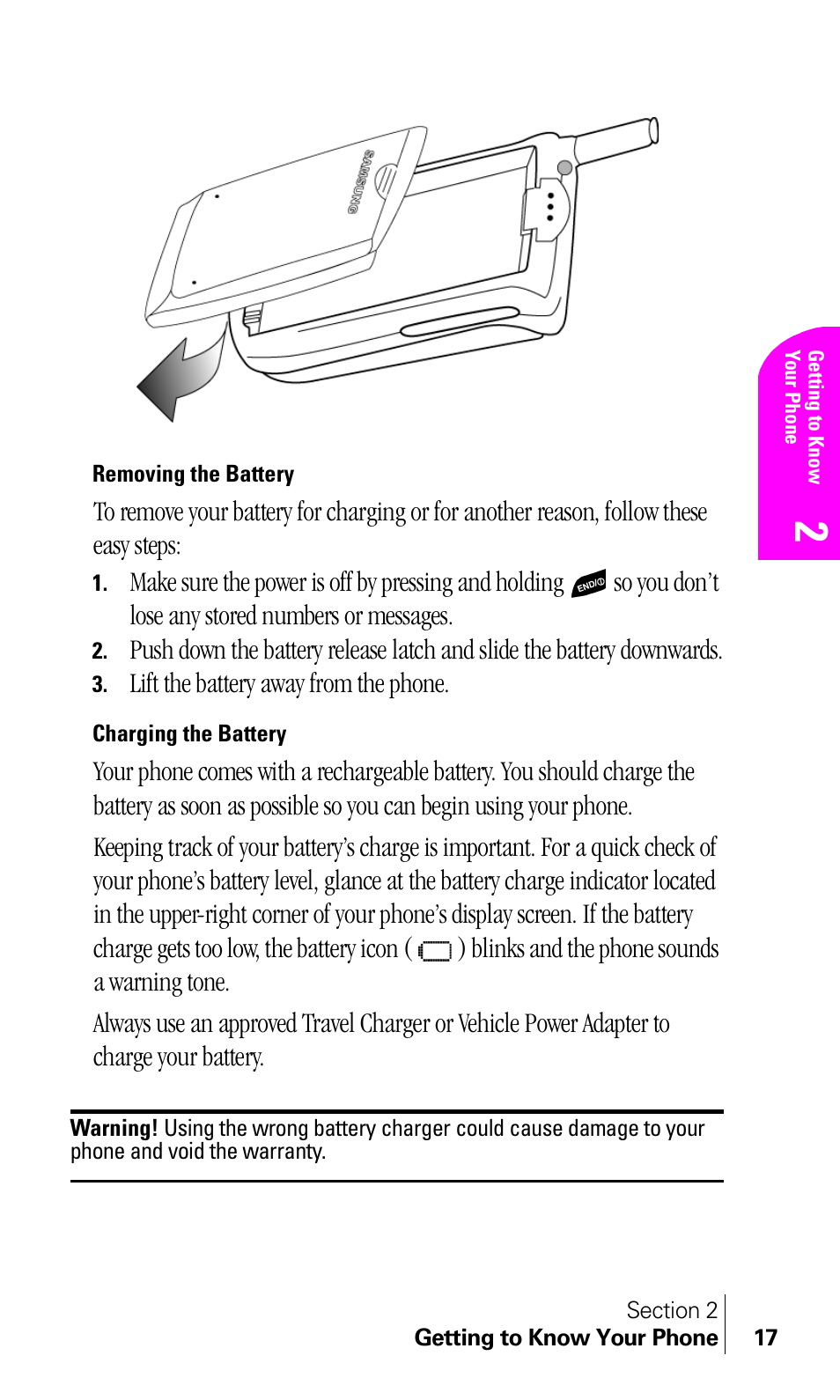 Removing the battery, Charging the battery, Lift the battery away from the phone | Samsung A460 User Manual | Page 19 / 129