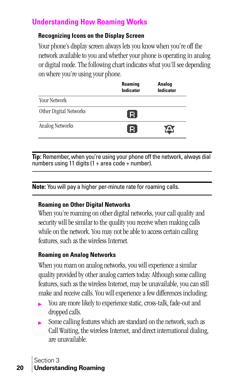 Understanding how roaming works, Recognizing icons on the display screen, Roaming on other digital networks | Roaming on analog networks | Samsung A460 User Manual | Page 22 / 129
