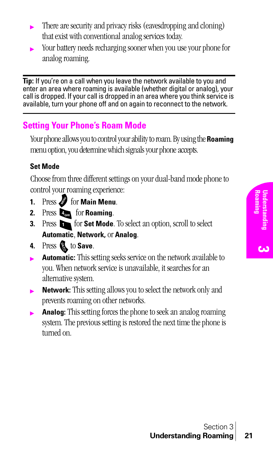 Setting your phone’s roam mode, Set mode, Press for | Press to | Samsung A460 User Manual | Page 23 / 129