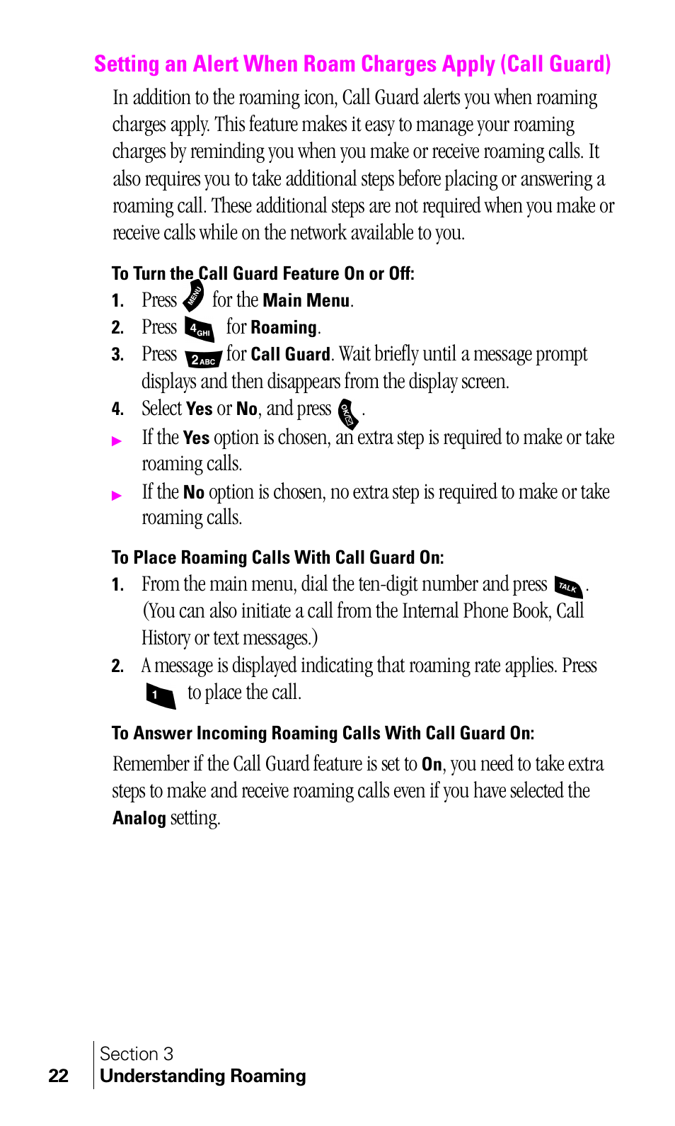 To turn the call guard feature on or off, To place roaming calls with call guard on | Samsung A460 User Manual | Page 24 / 129