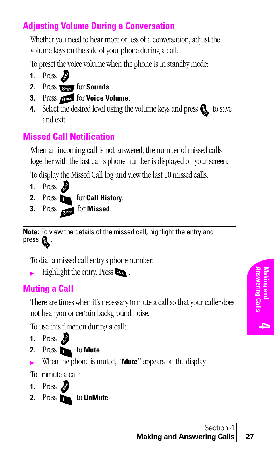 Adjusting volume during a conversation, Missed call notification, Muting a call | Samsung A460 User Manual | Page 29 / 129