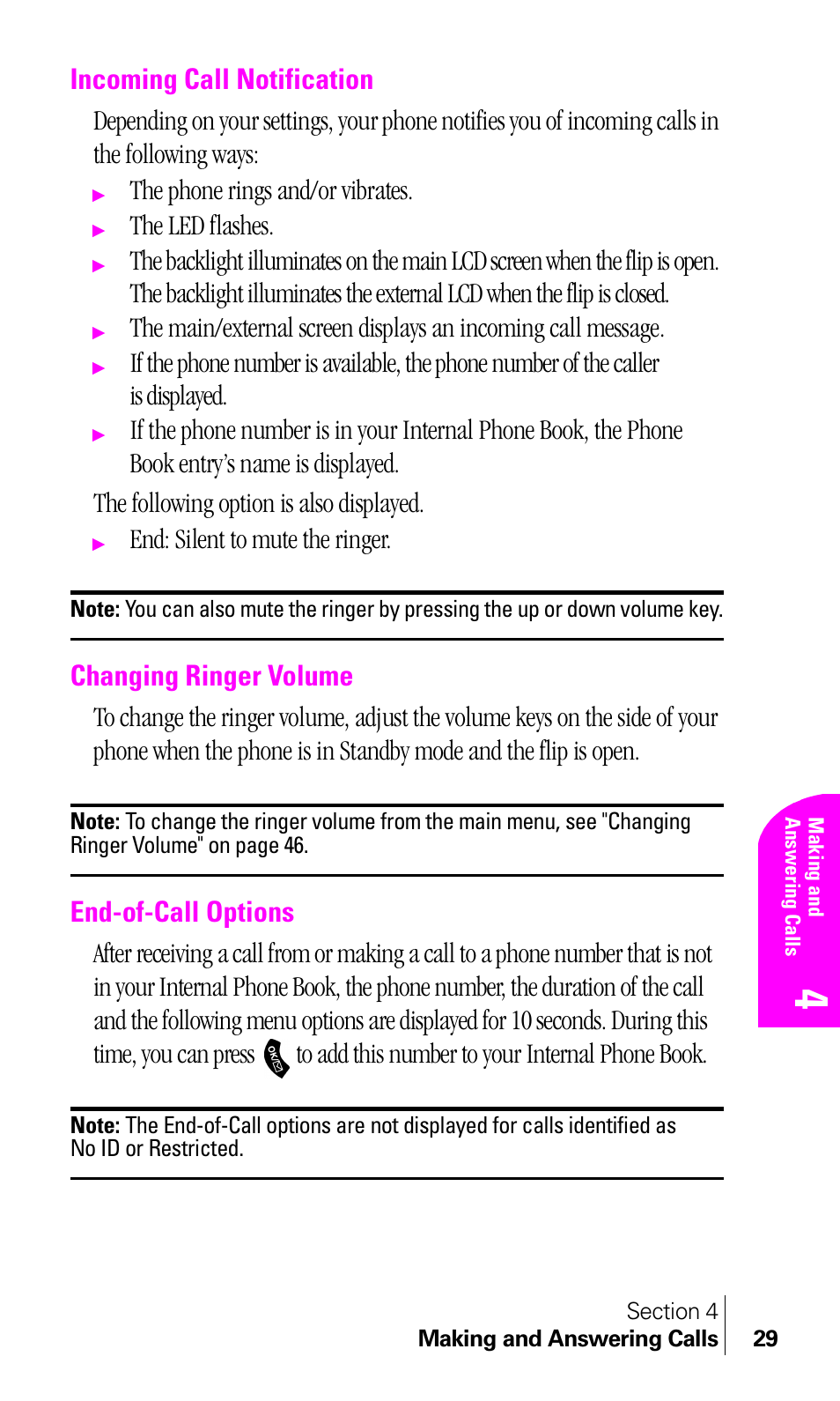 Incoming call notification, Changing ringer volume, End-of-call options | The phone rings and/or vibrates, The led flashes, End: silent to mute the ringer | Samsung A460 User Manual | Page 31 / 129