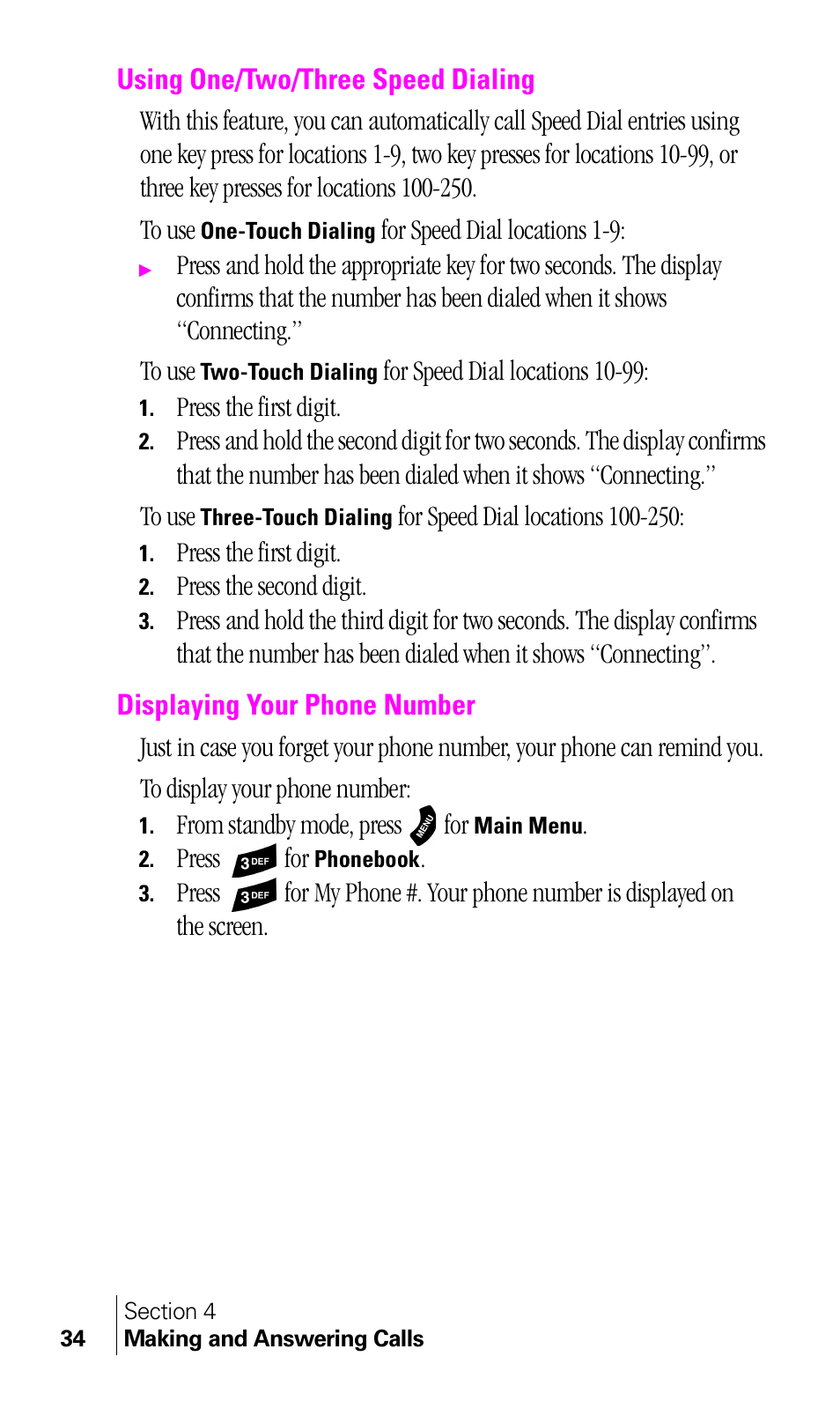 Using one/two/three speed dialing, Displaying your phone number | Samsung A460 User Manual | Page 36 / 129