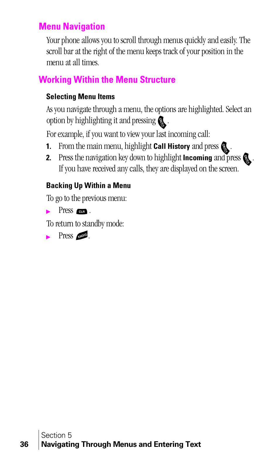 Menu navigation, Working within the menu structure, Selecting menu items | Backing up within a menu | Samsung A460 User Manual | Page 38 / 129