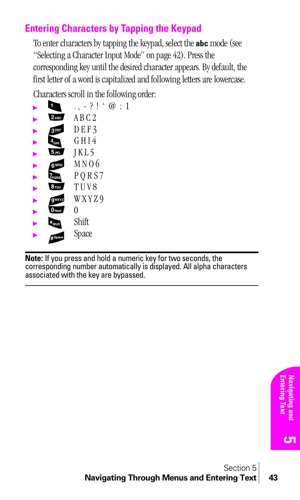 Entering characters by tapping the keypad, A b c 2, D e f 3 | G h i 4, J k l 5, M n o 6, T u v 8, Shift, Space | Samsung A460 User Manual | Page 45 / 129