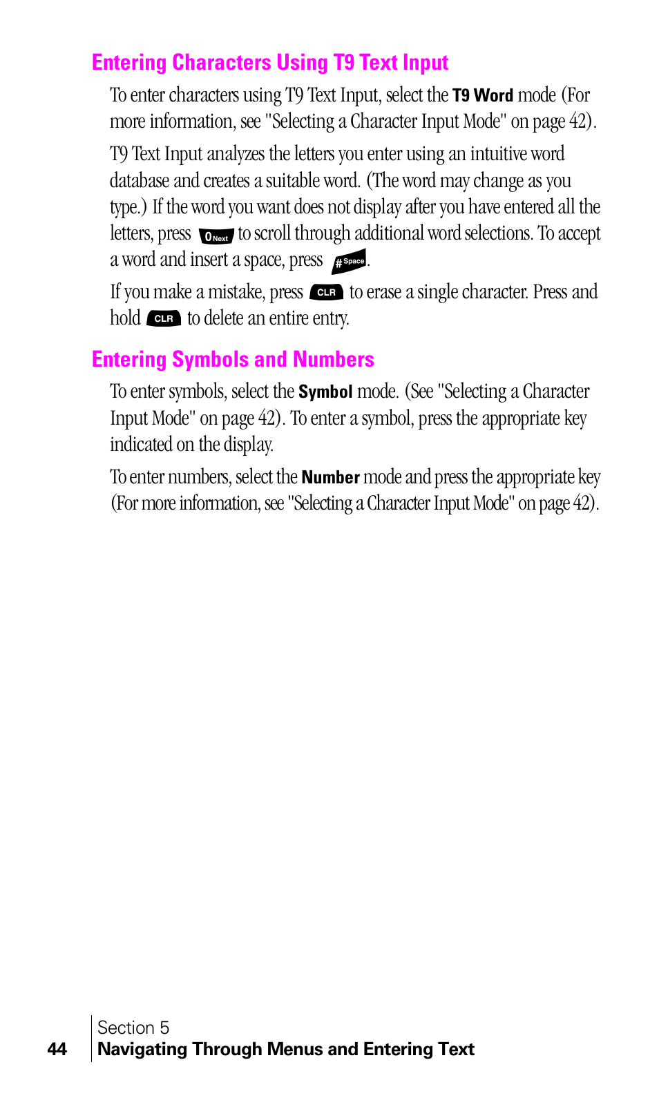 Entering characters using t9 text input, Entering symbols and numbers | Samsung A460 User Manual | Page 46 / 129