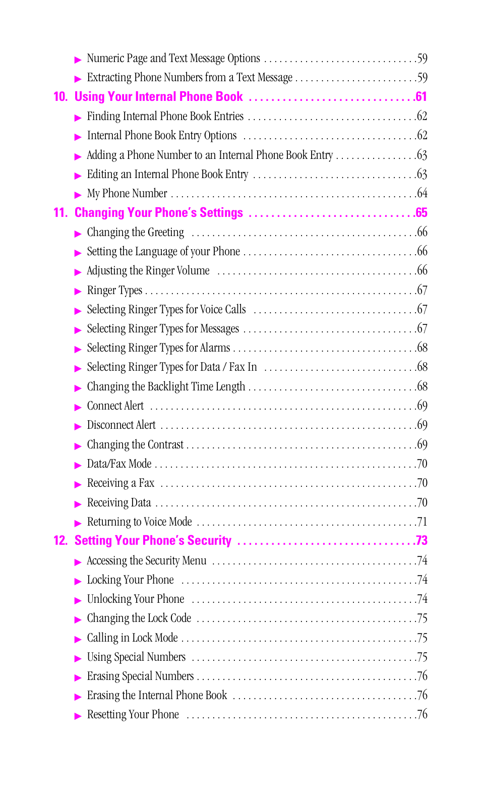 Numeric page and text message options, Finding internal phone book entries, Internal phone book entry options | Editing an internal phone book entry, My phone number 11. changing your phone’s settings, Changing the greeting, Setting the language of your phone, Adjusting the ringer volume, Ringer types, Selecting ringer types for voice calls | Samsung A460 User Manual | Page 5 / 129
