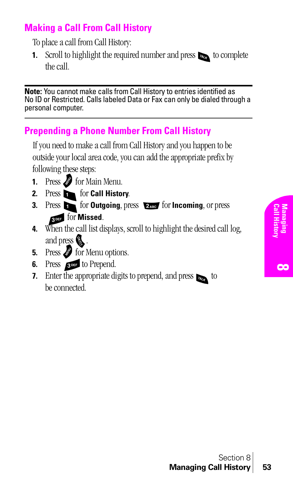 Making a call from call history, Prepending a phone number from call history | Samsung A460 User Manual | Page 55 / 129