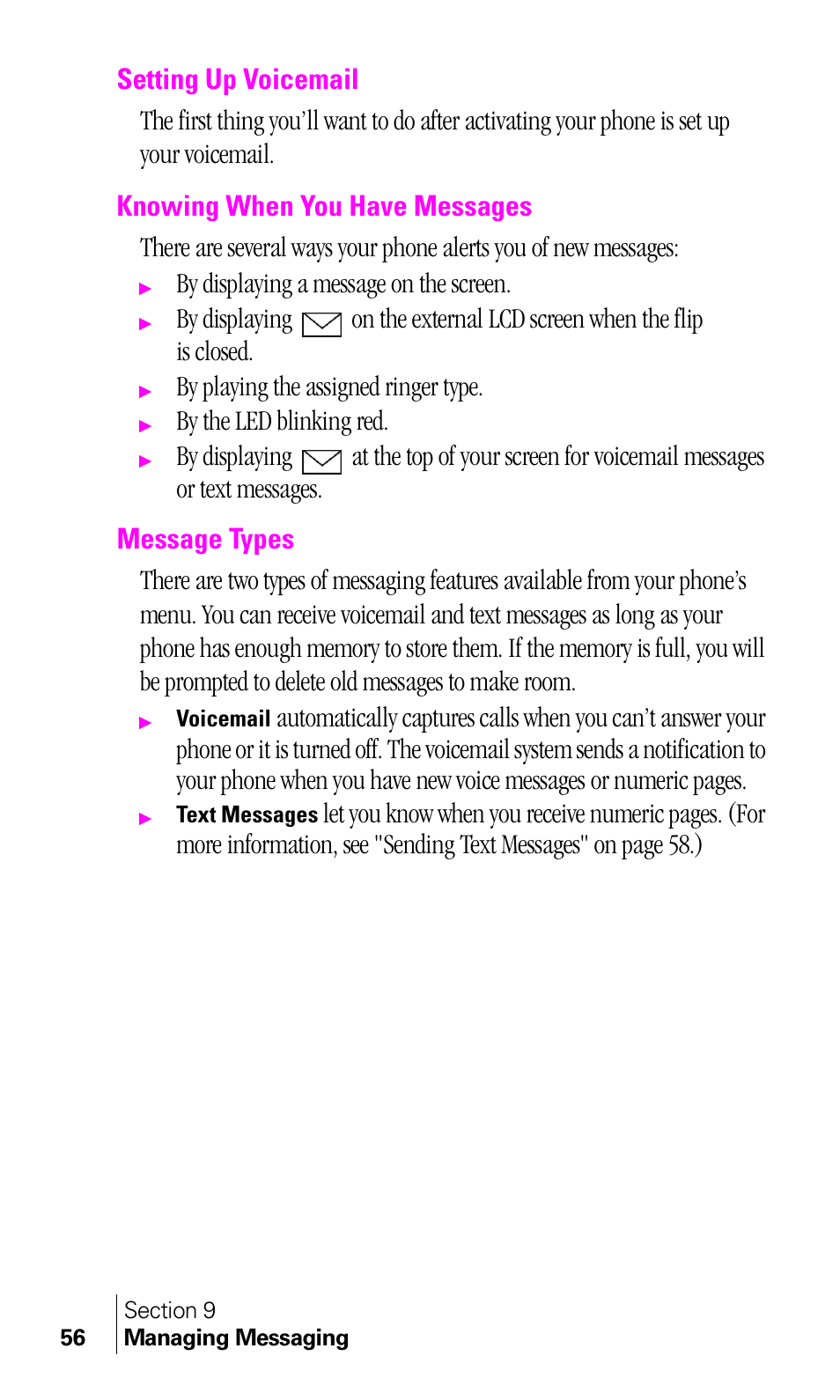 Setting up voicemail, Knowing when you have messages, Message types | By displaying a message on the screen, By playing the assigned ringer type, By the led blinking red | Samsung A460 User Manual | Page 58 / 129