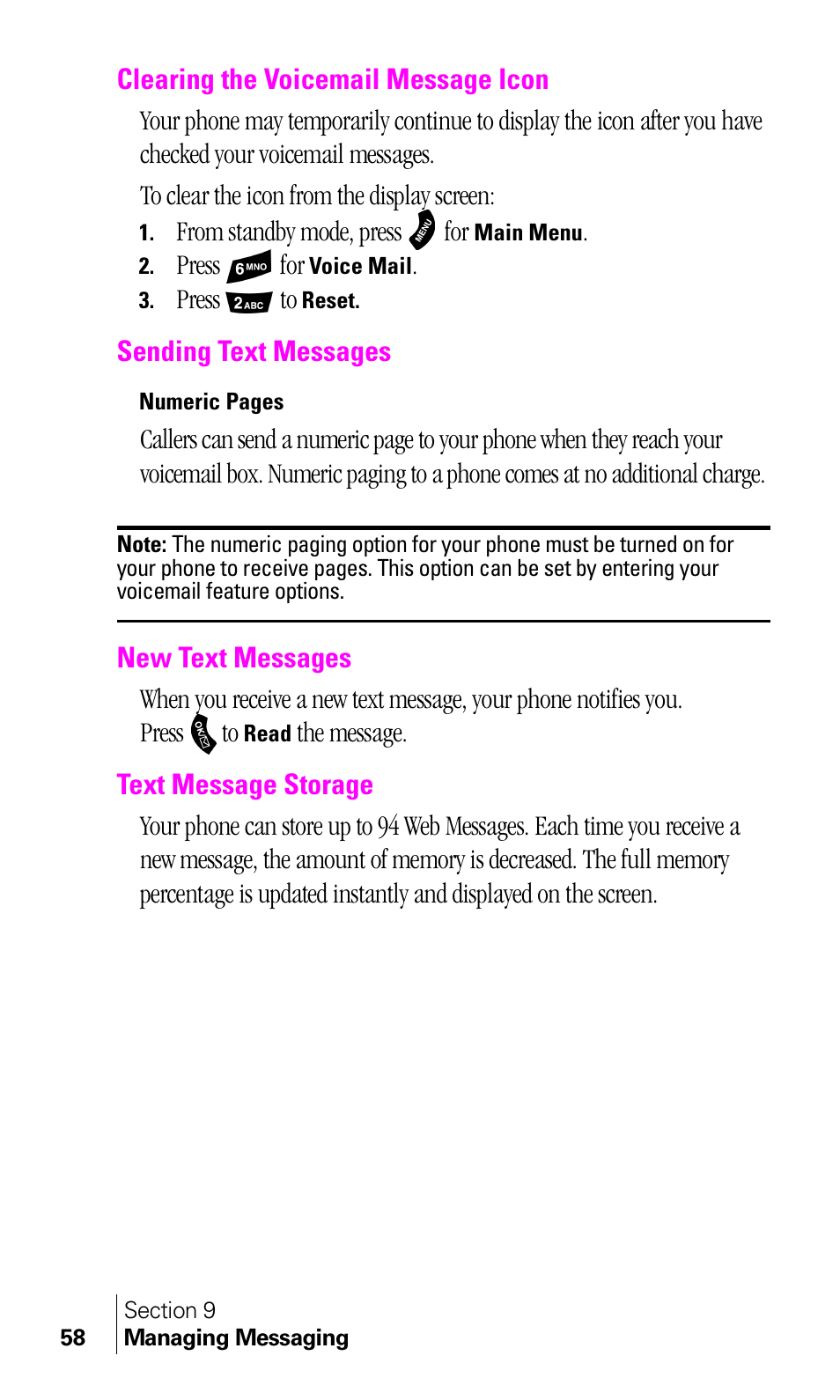 Clearing the voicemail message icon, Sending text messages, New text messages | Text message storage | Samsung A460 User Manual | Page 60 / 129
