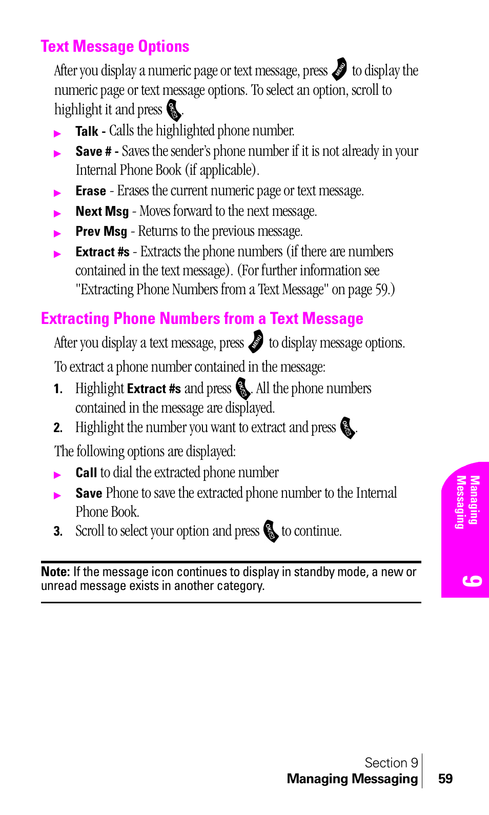 Text message options, Extracting phone numbers from a text message, Calls the highlighted phone number | Erases the current numeric page or text message, Moves forward to the next message, Returns to the previous message, Highlight, Scroll to select your option and press to continue | Samsung A460 User Manual | Page 61 / 129