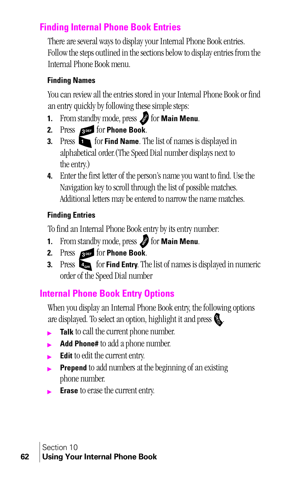 Finding internal phone book entries, Finding names, Finding entries | Internal phone book entry options, Press for | Samsung A460 User Manual | Page 64 / 129