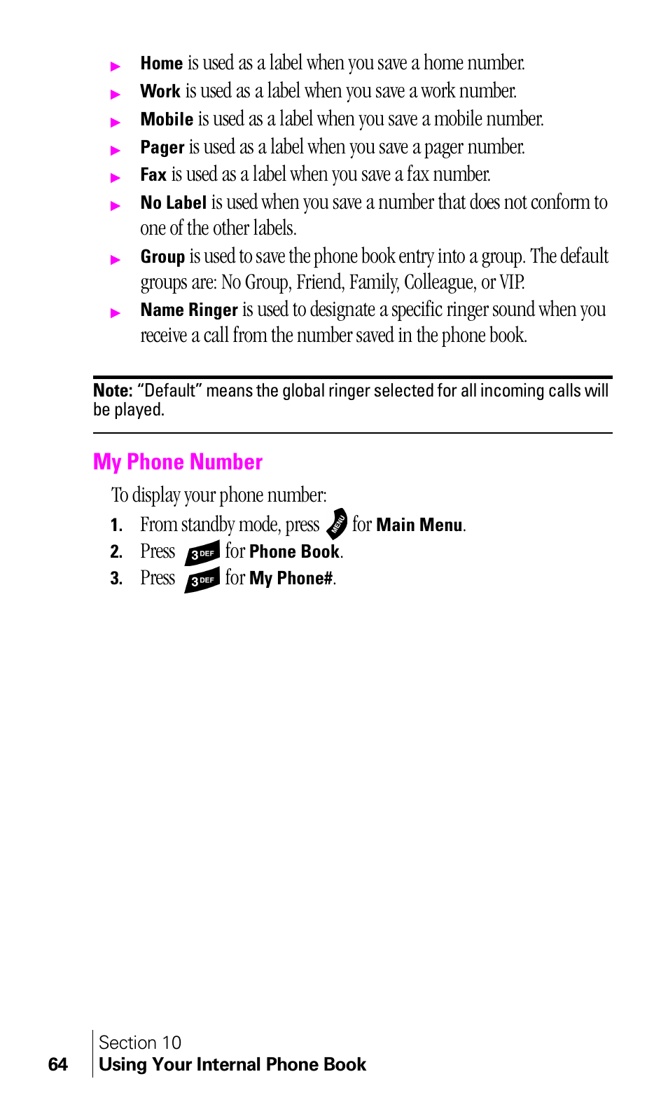 My phone number, Is used as a label when you save a home number, Is used as a label when you save a work number | Is used as a label when you save a mobile number, Is used as a label when you save a pager number, Is used as a label when you save a fax number, My phone number to display your phone number, Press for | Samsung A460 User Manual | Page 66 / 129