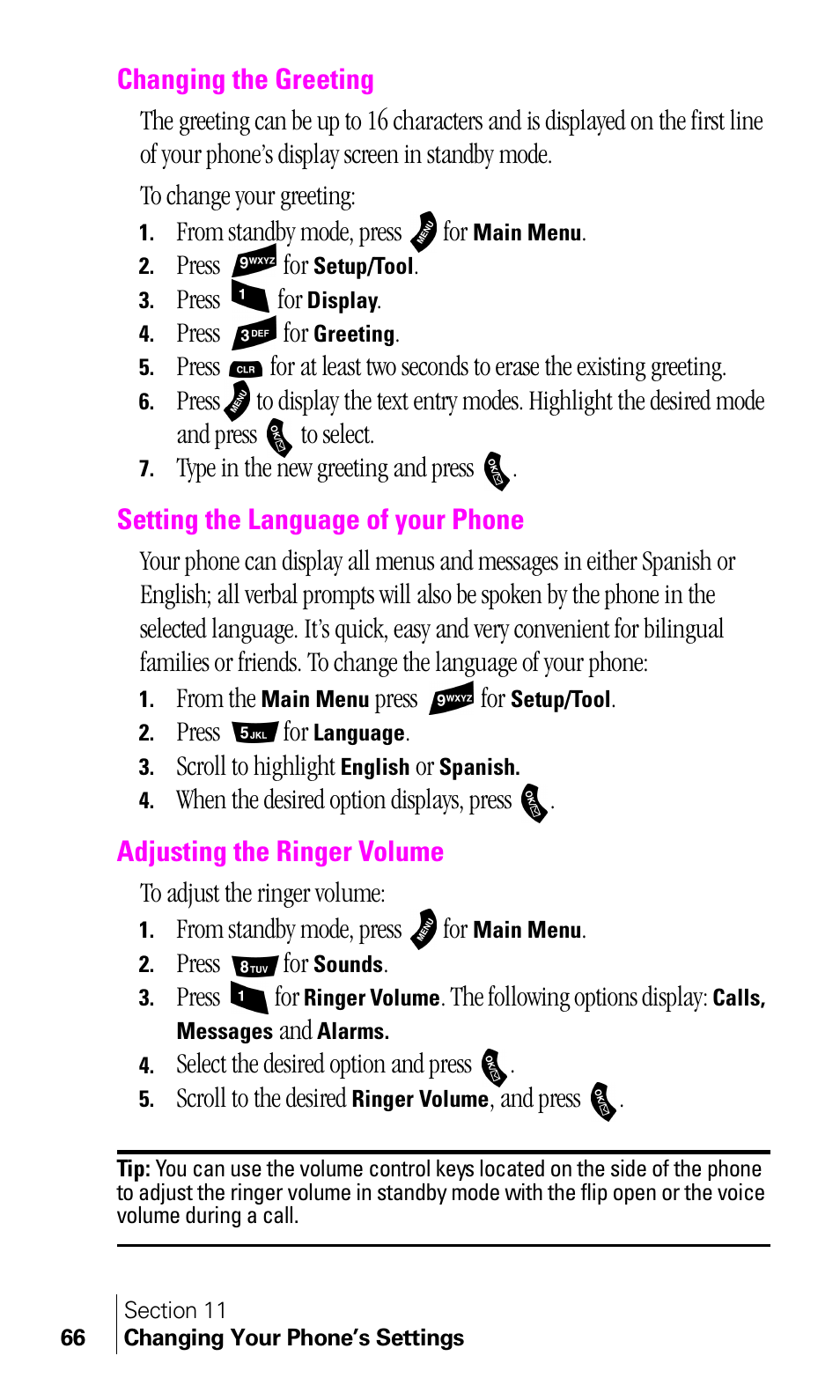 Changing the greeting, Setting the language of your phone, Adjusting the ringer volume | Samsung A460 User Manual | Page 68 / 129