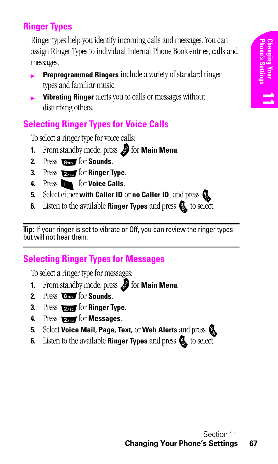 Ringer types, Selecting ringer types for voice calls, Selecting ringer types for messages | Samsung A460 User Manual | Page 69 / 129