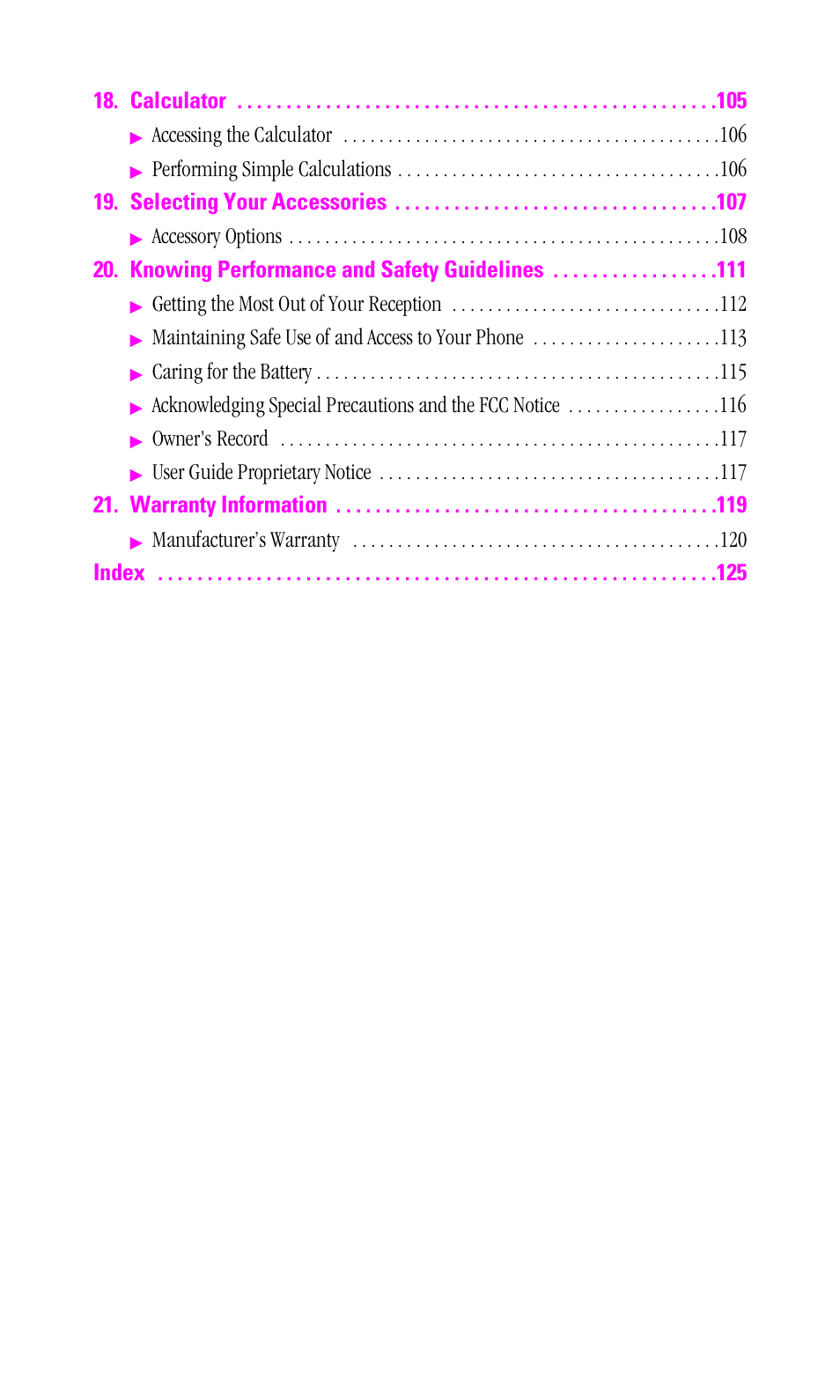 Calculator, Accessing the calculator, Getting the most out of your reception | Maintaining safe use of and access to your phone, Caring for the battery, Owner's record, Manufacturer’s warranty index | Samsung A460 User Manual | Page 7 / 129