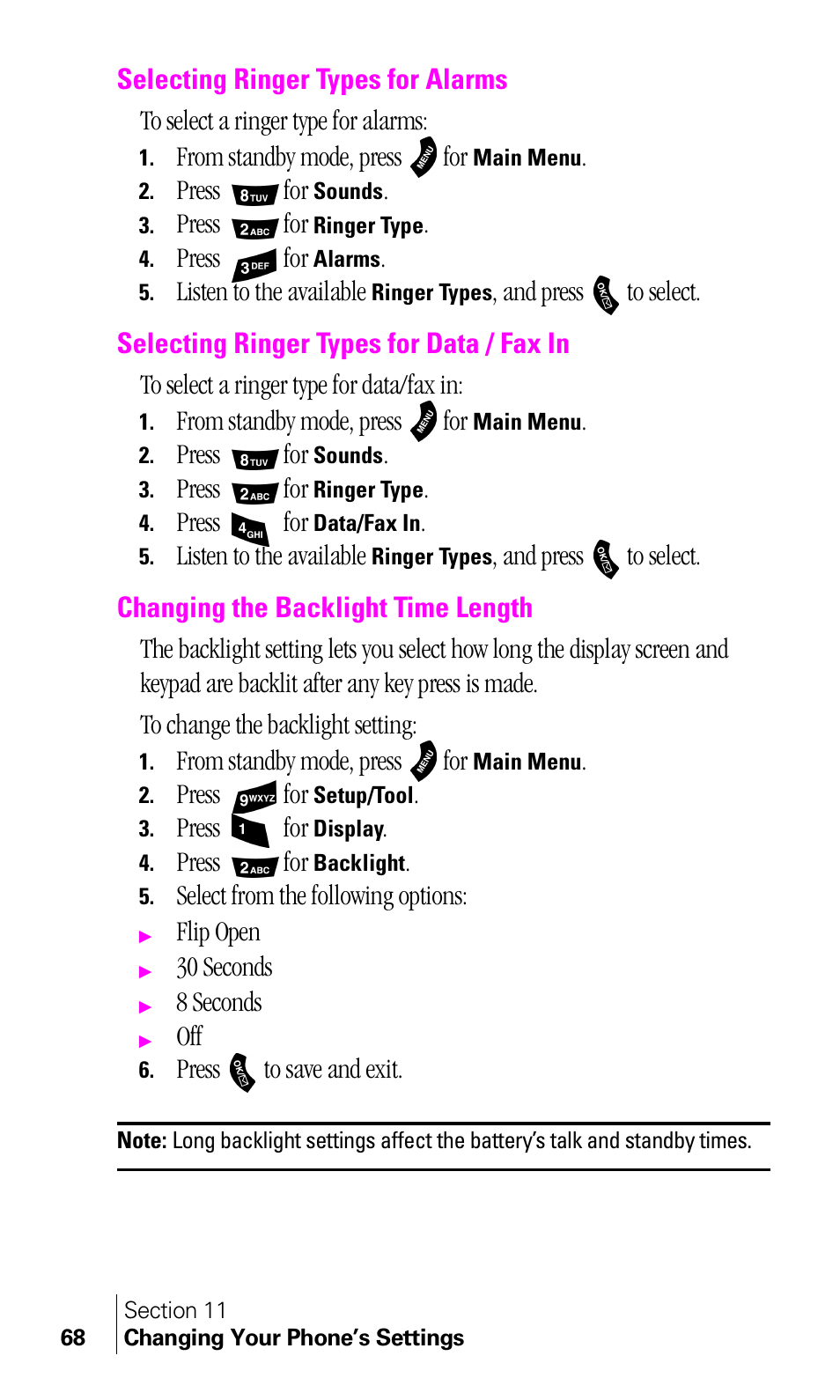 Selecting ringer types for alarms, Selecting ringer types for data / fax in, Changing the backlight time length | Samsung A460 User Manual | Page 70 / 129