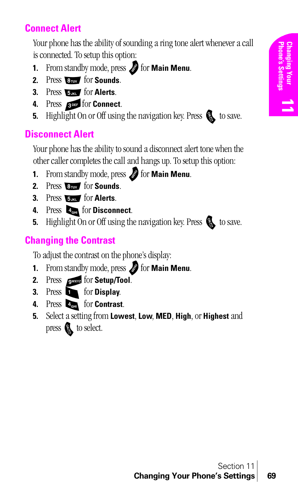 Connect alert, Disconnect alert, Changing the contrast | Samsung A460 User Manual | Page 71 / 129
