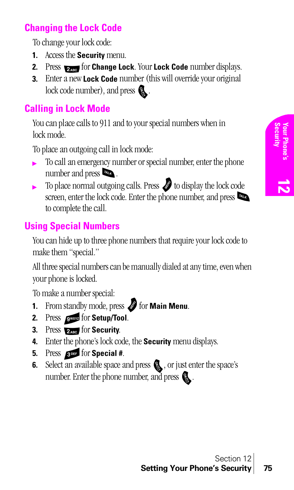 Changing the lock code, Calling in lock mode, Using special numbers | Samsung A460 User Manual | Page 77 / 129