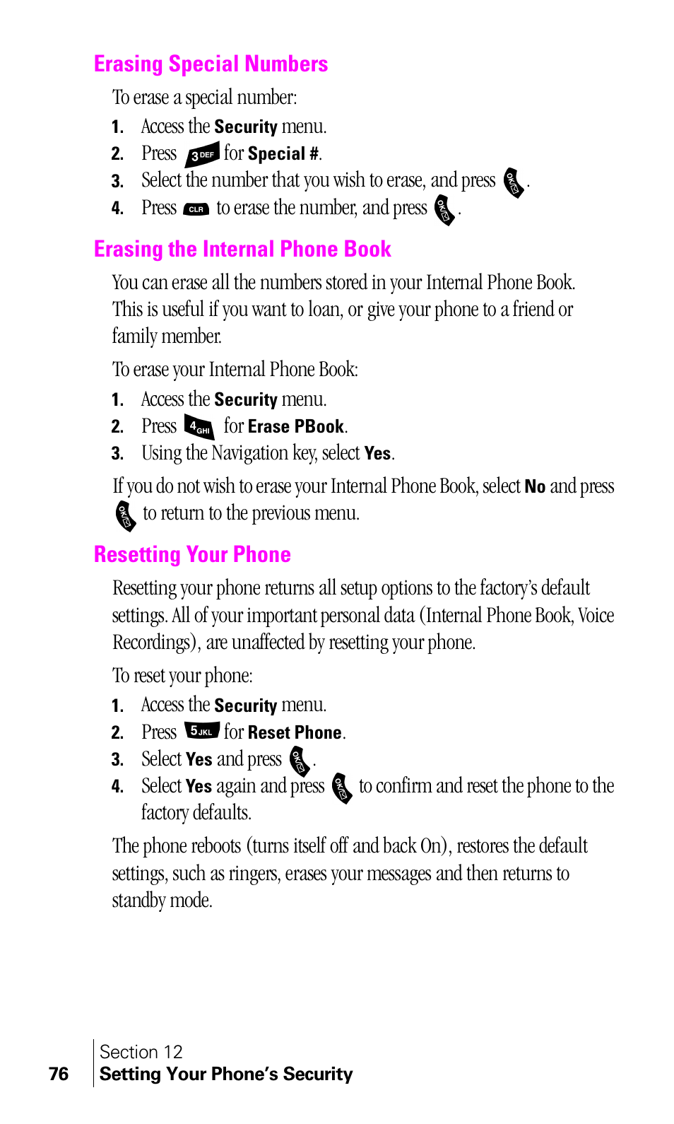 Erasing special numbers, Erasing the internal phone book, Resetting your phone | Samsung A460 User Manual | Page 78 / 129