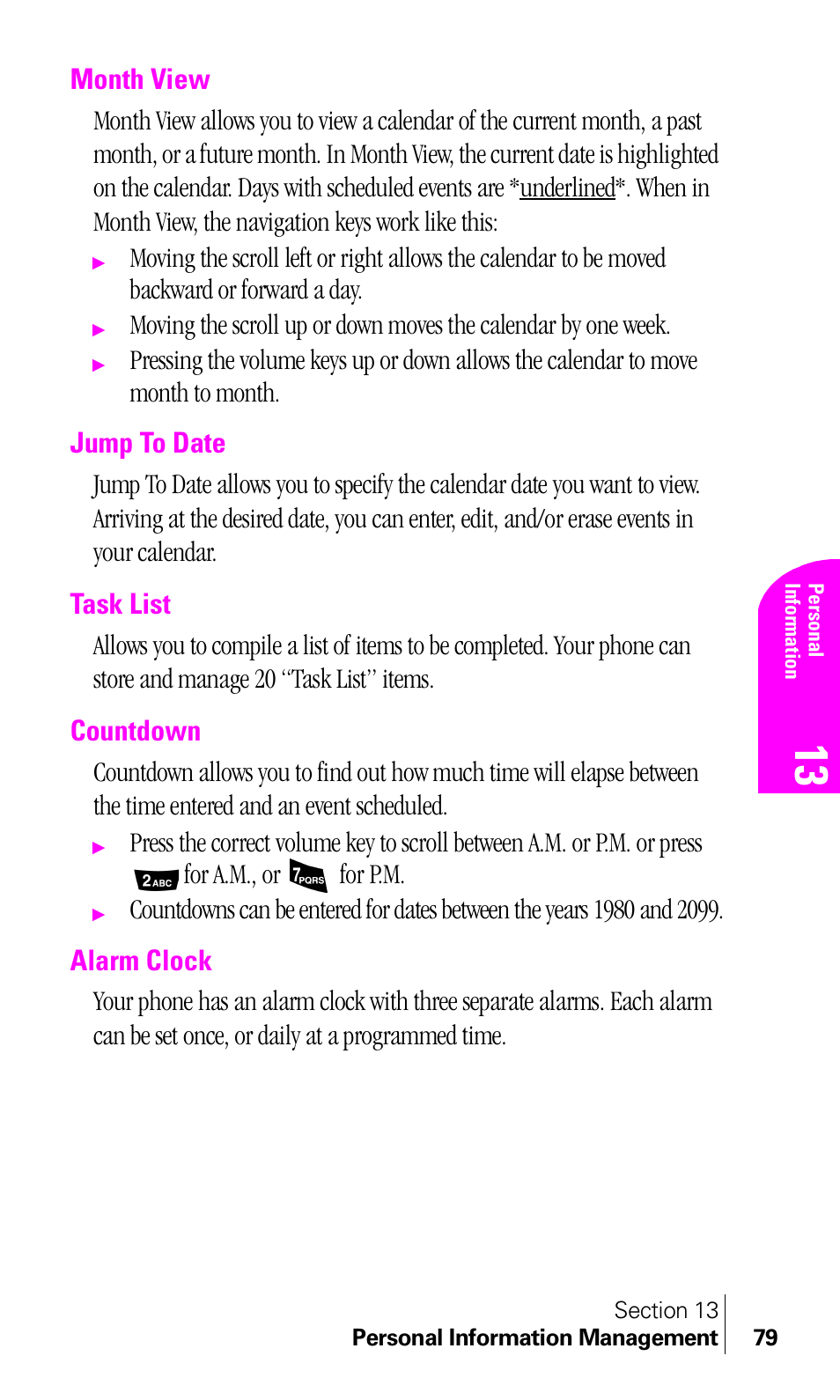 Month view, Jump to date, Task list | Countdown, Alarm clock | Samsung A460 User Manual | Page 81 / 129