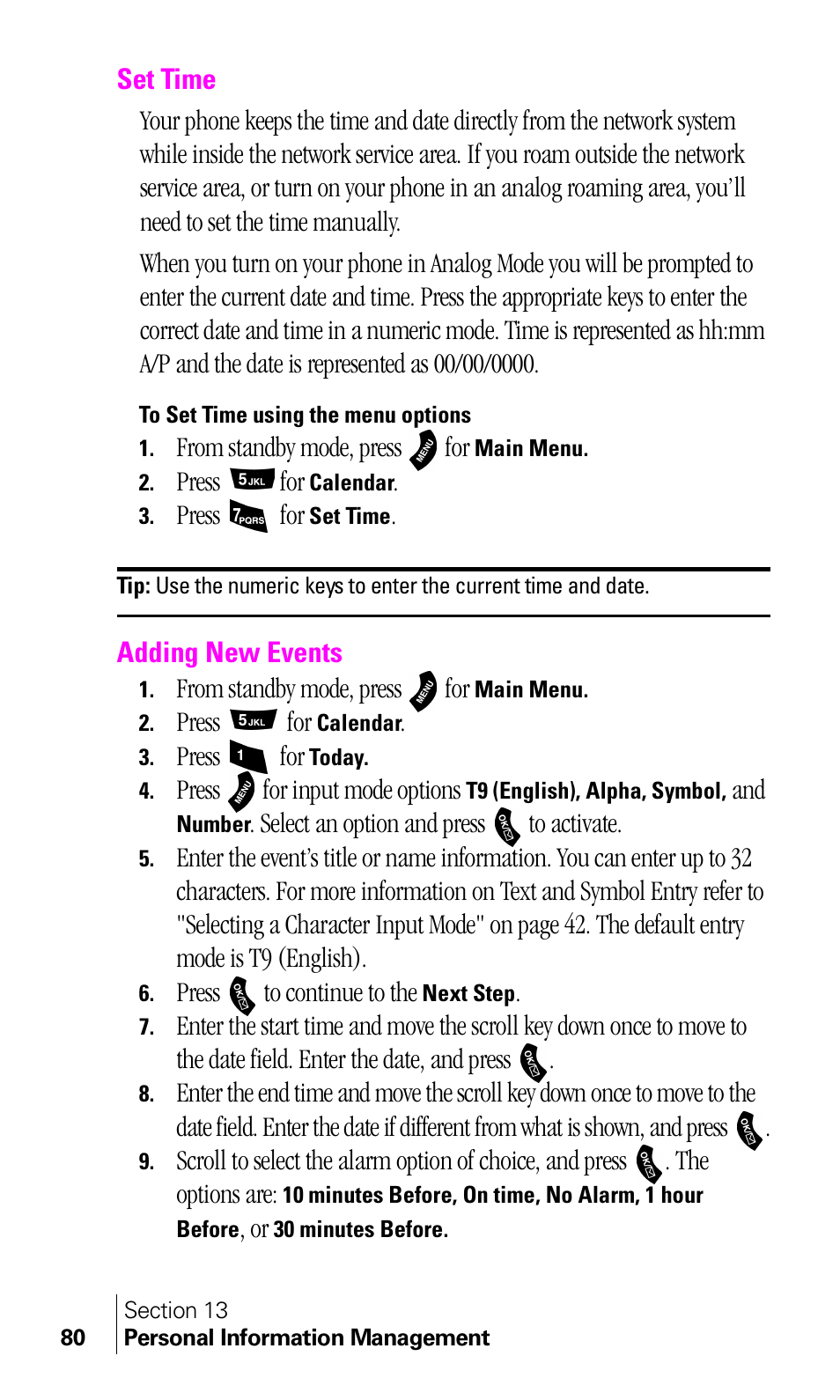 Set time, To set time using the menu options, Adding new events | Samsung A460 User Manual | Page 82 / 129