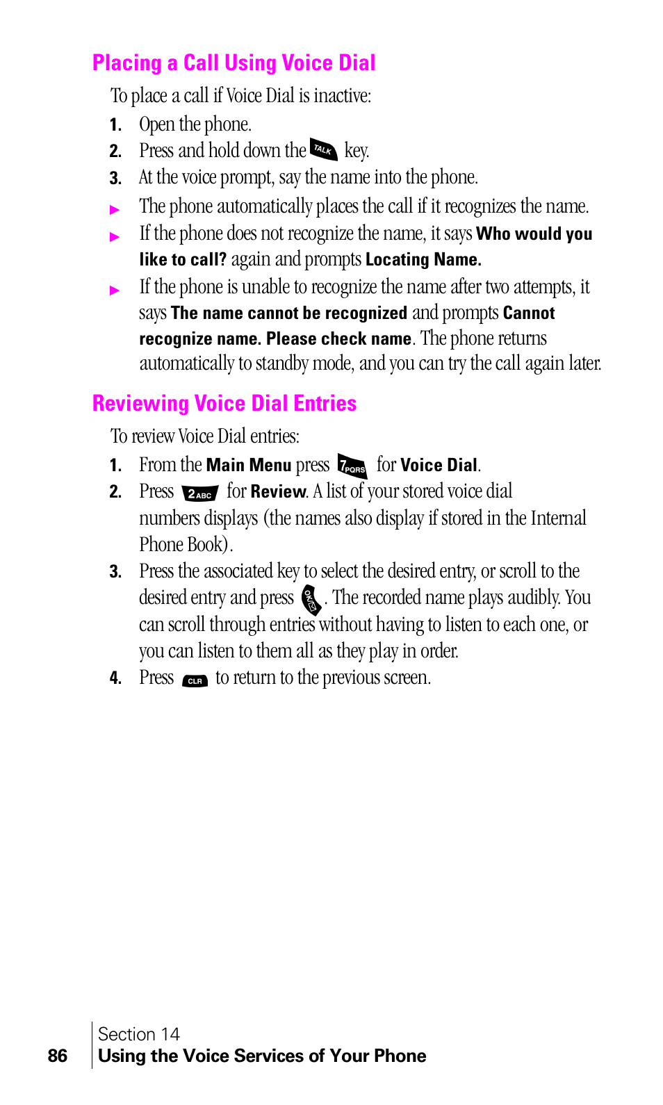 Placing a call using voice dial, Reviewing voice dial entries | Samsung A460 User Manual | Page 88 / 129