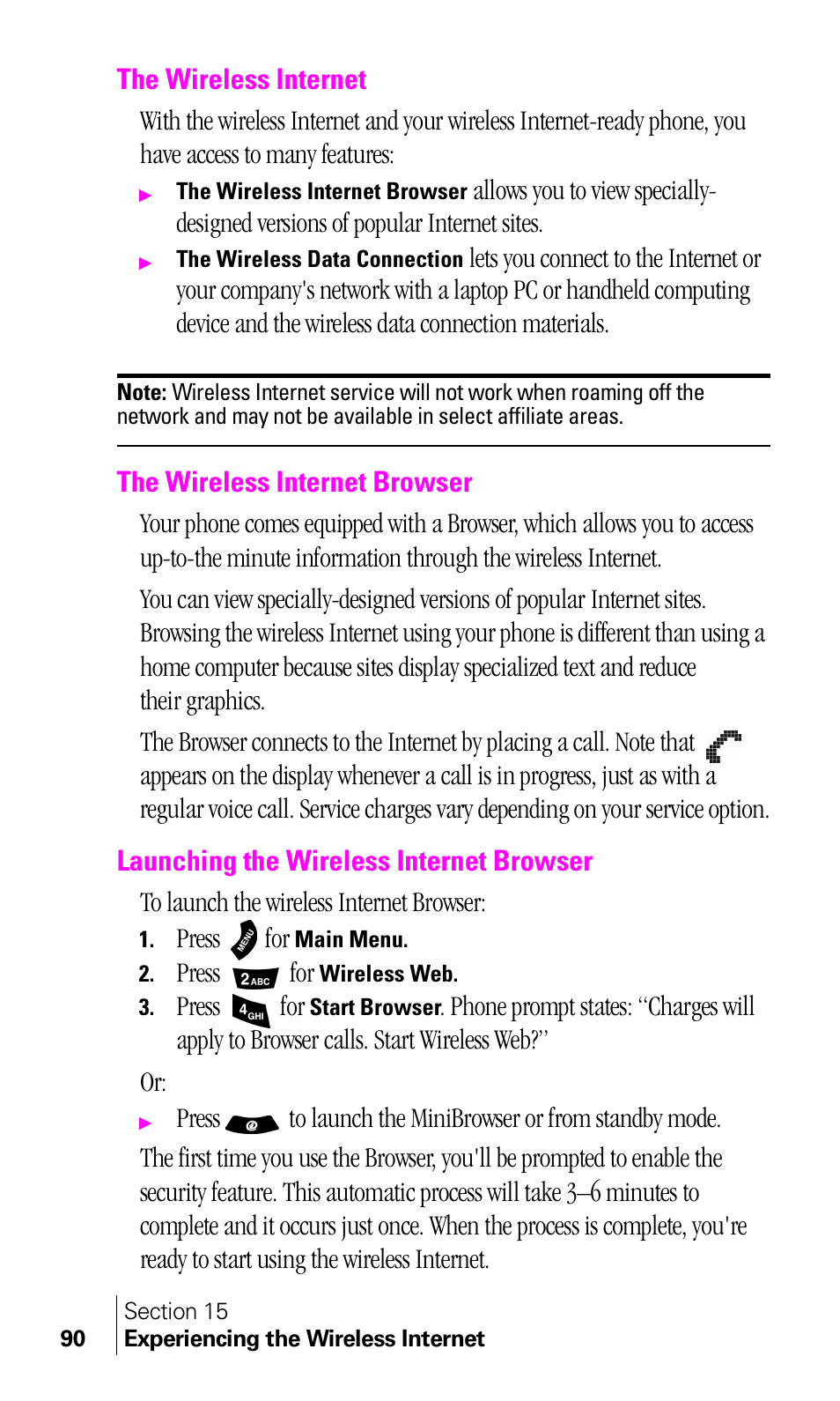 The wireless internet, The wireless internet browser, Launching the wireless internet browser | Samsung A460 User Manual | Page 92 / 129